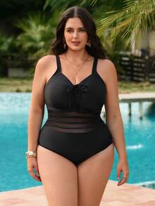 Swim Lushoire Plus Size Women Solid Color Ruched Tie Front One-Piece Swimsuit - Royal Blue - View 3