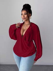 Maweii Áo kiểu dài tay cỡ lớn, thời trang, thanh lịch, đa năng, thích hợp đi làm, dễ thương. - Màu Đỏ Sâu - Xem 6