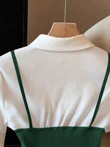 GlowEve Blusa de 2 en 1 con botones y dobladillo de peplum en bloques de color - Verde - Ver 3