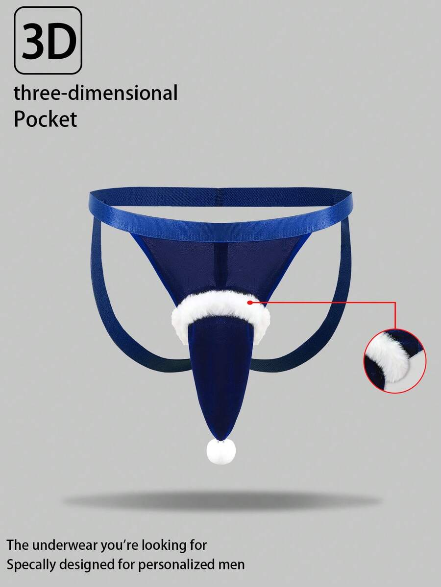 Christmas, Pom-Pom, Christmas Party, Provocative, Erotic, Shapely Buttocks, Exposed Buttocks, Men's, Sexy, Thong, Lingerie - Blue - View 1