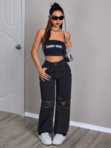 SHEIN PETITE Jeans anchos de mujer con botones, bolsillos y detalles de strass, versátiles y casuales para ir al trabajo - Negro - Ver 5