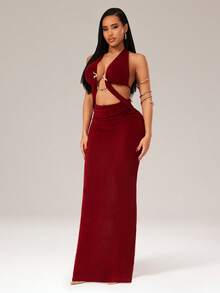 Radiana Đầm ôm sát gợi cảm, thanh lịch màu đỏ tía dành cho nữ, kiểu cổ yếm hở lưng, đầm hở lưng đính hạt cườm hình rắn, đầm hở lưng cổ thấp, đầm hở lưng màu đỏ tía. - Đỏ - Xem 5