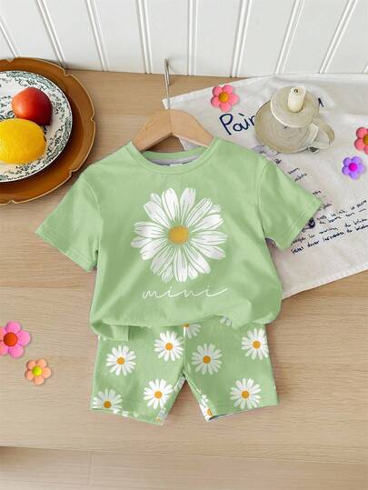 2pcs Baby Girls Daisy Pattern Casual Homewear Set, T-Shirt And Shorts, Suitable For Summer