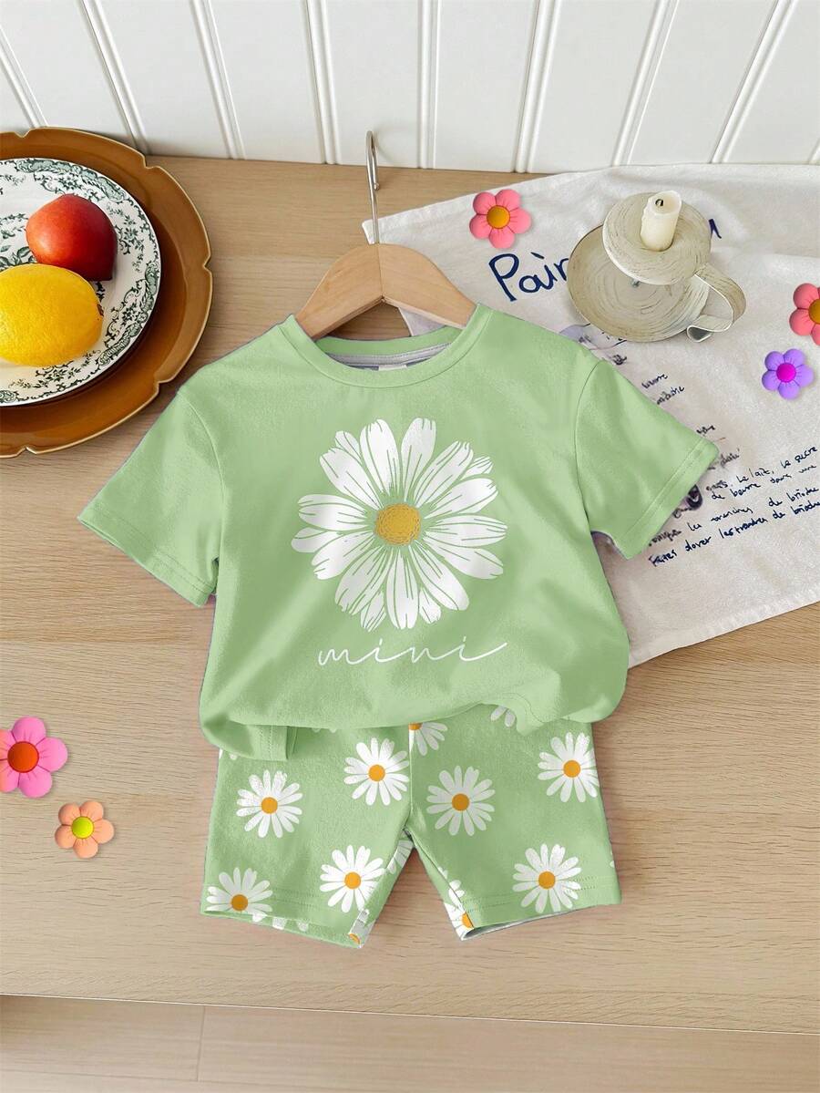 SHEIN LMoss Kids 2pcs Set Pakaian Rumahan Kasual Motif Bunga Daisy untuk Bayi Perempuan, Kaos dan Celana Pendek, Cocok untuk Musim Panas - MultiWarna - View 1