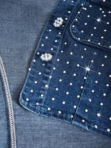 Selenza Women's Rhinestone Embellished Single-Breasted Denim Vest Jacket - Light Wash - View 7