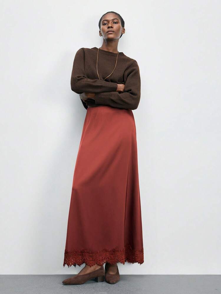 SHEIN Maija Women's Elegant Commuter Lace Patchwork Skirt Women Skirts Red Maroon Skirt Burgundy Skirt Red Long Skirt Resort Wear 2026