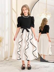 SHEIN 女童休闲印花收腰长连衣裙，适合日常穿着和通勤。 - 彩色 - 查看 4