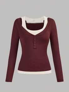 SHEIN Girlism Áo thun thiết kế 2 trong 1 họa tiết chắp vá Colorblock dành cho bé gái tuổi teen, dáng ôm, phong cách thường ngày - màu nâu - Xem 5