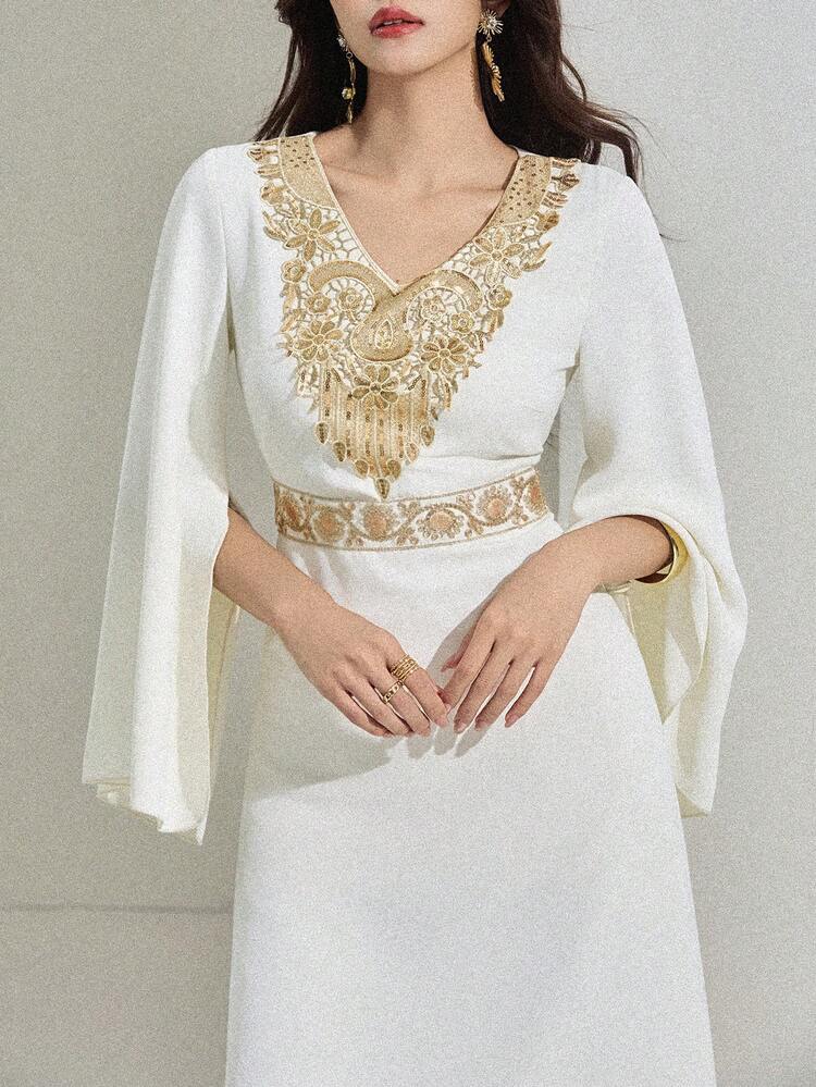Women's V-Neck Embroidered Applique Elegant Long Sleeve Dress Sundress