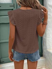 SHEIN Frenchy Eyelet Embroidery Ruffle Trim Round Neck Lace Trimmed Tee - Brown - View 3
