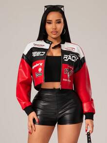 Radiana Women's Casual Street Fashion Letter Print Color Block Short PU Leather Jacket, Motorcycle/Racing/Pilot Jacket, Multifunctional Coat, Racing Jacket, Women's Racing Jacket, Women's Red & Black Racing Jacket, Women's Motorcycle Jacket, Women's Racing Jacket, Leather Racing Jacket, Spring Autumn PU Jacket, Suitable For All Seasons Race Car Outfit Women Crop Top Jacket - Multicolor - View 3
