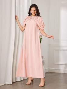 Al Najma Women's New Fashionable Elegant Luxurious Handmade Beaded Embroidered Sequin Rhinestone Floral Ruffle Collar Pleated Shoulder Cover Sleeve Hollow-Out Slit Sleeve Long Arabic Style Maxi Dress, Spring/Summer - Pink - View 3