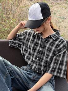 Dazy Kids 少女休闲格子前开襟短袖衬衫，春夏款 - 黑色 - 查看 2