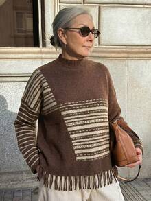 Vivie Lora Women's Geometric Patchwork Contrast Color Fringe Loose Knit Sweater - Khaki - View 1