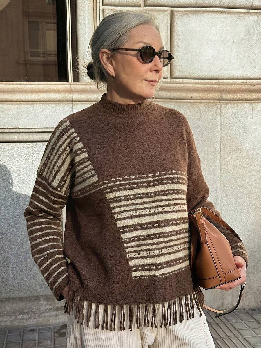 Vivie Lora Women's Geometric Patchwork Contrast Color Fringe Loose Knit Sweater - Khaki - View 1