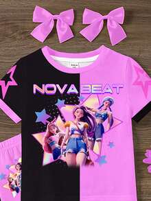 SHEIN 两件套女婴撞色卡通人像图案短袖圆领T恤和喇叭裤套装，适合春夏穿着，Y2K风格 - 彩色 - 查看 4