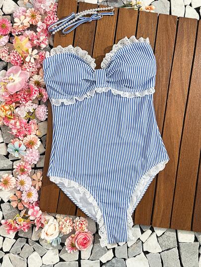 Swim Mod New Women's Fashion Striped Print Ruffle One-Piece Swimsuit With Personalized Pearl Chain Straps, Perfect For Beach, Pool, Resort Cruises, And Summer Spring Holiday Parties