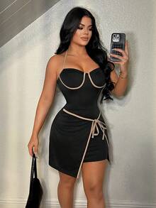 SHEIN SXY Women's Summer Fashion Halter Neck Contrast Trim Dress - Multicolor - View 4