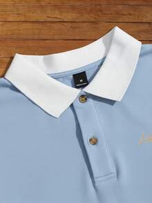 HIMLAND Men's Letter Print Contrast Color Long Sleeve Casual Polo Shirt - Blue - View 3