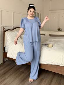 Dazy Plus 两件套睡衣，撞色蕾丝宽松短袖上衣和长裤，优雅春夏睡衣 - 藍色 - 查看 6