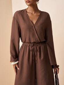 Zivah 新款春夏通勤优雅宽松棕色纯色裹袖长袖衬衫+高腰阔腿长裤女两件套，适合情人节、约会、派对、聚会、节日、西式风格、度假、游牧风格、海滩、海边、音乐会、日常出行、新年、狂欢、早午餐、婚礼宾客、婚礼季、休闲A - 棕色 - 查看 8
