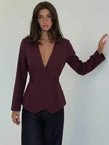 Aloruh Women's Fashionable Solid Color Deep V Neck Blazer In Fall/Winter - Burgundy - View 7
