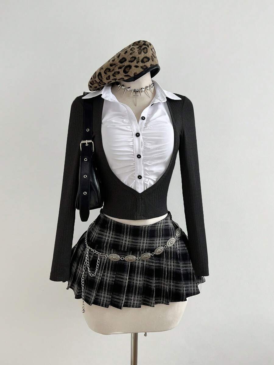 Elamini Damska dopasowana dzianina i splot tkany, swobodny strój biurowy, jesienno-zimowy, stylowy, uniwersalny T-shirt z długim rękawem i kontrastowym kołnierzykiem - Czarne i Białe - Zobacz 1