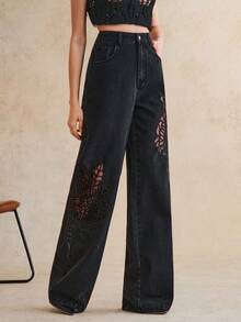 Anewsta Women's Fashionable, Luxurious, Sexy Side Cutout Embroidered Romantic Party Vacation Black Straight Leg Jeans, Spring/Summer - Black - View 4