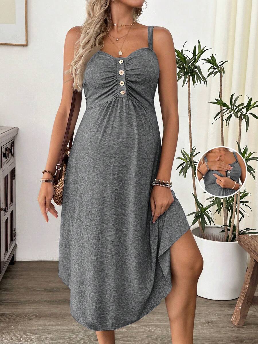 Cheriluna Maternity Maternity Solid Color Button Design Ruched Nursing Casual Cami Dress - Grey - View 1