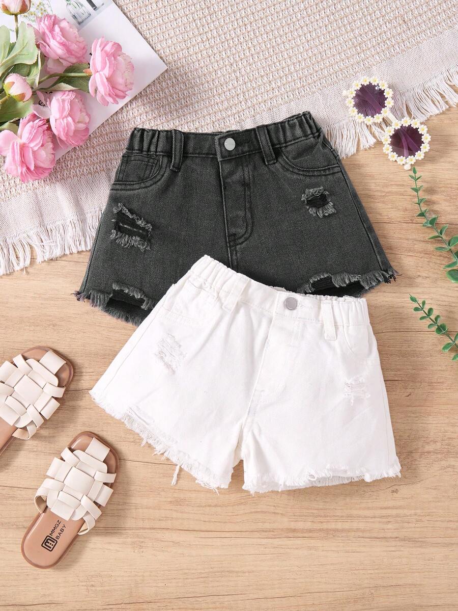 SHEIN 2pcs/Set Girls Denim Ripped Shorts, Black & White - Multicolor - View 1