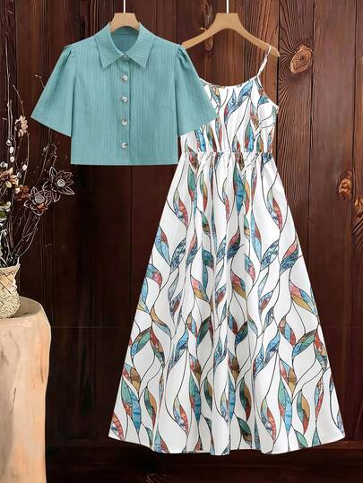 Ellevyn Set de 2 piezas con blusa de manga abullonada de unicolor y vestido camisola con estampado floral para mujer