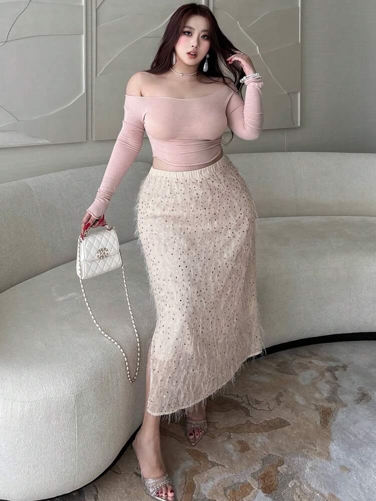 Dazy Plus Valentine Elastic Waist Chiffon Beaded Embroidered Straight Hem Long Skirt With Back Slit, Elegant Pink Carnival