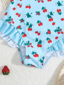 SHEIN 少女樱桃印花连体泳衣，适合海滩度假，儿童泳装 - 彩色 - 查看 4