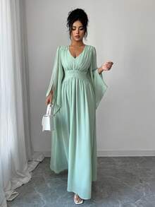 Elenzga 女士纯色雪纺薄纱褶皱垂褶复古腰部褶裥可调节松紧腰带超长袖开衩衬里浅绿色长款连衣裙，优雅法式复古正式办公通勤商务休闲度假下午茶街头风简约百搭复古澳式休闲派对连衣裙，春夏新款 - 薄荷綠 - 查看 5