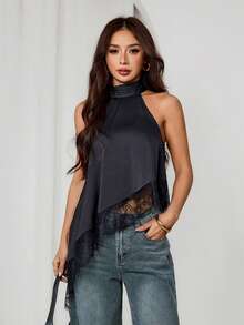 SHEIN PETITE 不对称高领露背吊带上衣，蕾丝边饰，适合晚宴、鸡尾酒会、正式场合，优雅无袖上衣，适合假日、夜间外出、婚礼宾客等夏季和秋季穿着，露肩款式。 - 黑色 - 查看 7