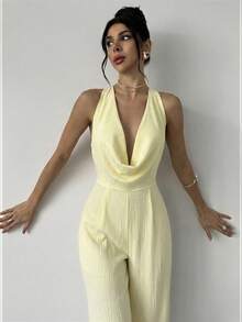 Firerie 优雅现代通勤浪漫约会性感派对海滩度假露背深V领束腰白色阔腿裤，适合节日、情人节、婚礼季、音乐节等场合。 - 淡黃色 - 查看 4