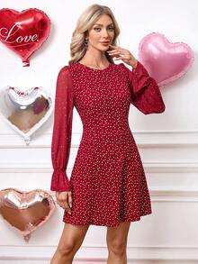 SHEIN Clasi Women's Heart Print Mesh Patchwork Mini Dress - Burgundy - View 4