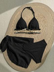 SHEIN Teen Girl 3 PiecesSwimsuit Set: White Textured Knit Camisole, Swim Shorts, And Wrap Skirt - Black - View 6