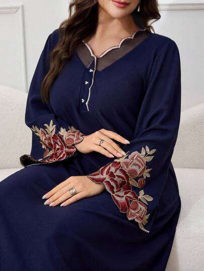 Al Najma Plus Size Women Floral Embroidery Contrast Trim V-Neck Long Sleeve Arabic Style Maxi Dress
