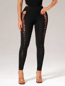 Radiana Women's Sexy Unique Black Handmade Rope Hollow Out Skinny Leggings, Black Tights, High Elastic Knit Fabric, Fitting Body Accentuating Curves, Suitable For Night, Club, Nightclub, Party, Festival, Holiday Outfit Black Leggings For Women Cut Out Pants - Black - View 2