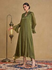 Al Najma 女士日常穿着立领喇叭袖串珠优雅派对修身长裙 - 墨綠色 - 查看 5