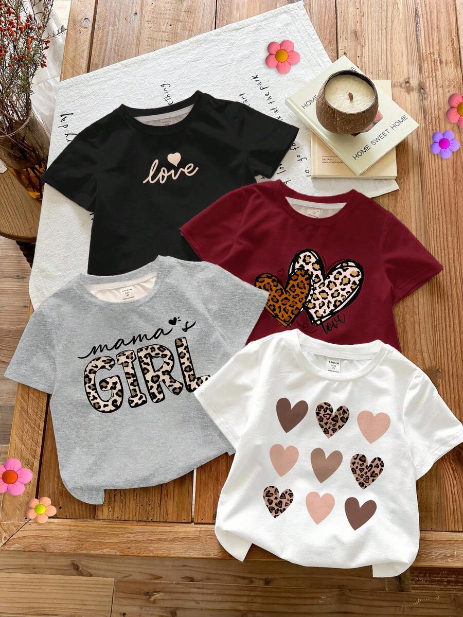 SHEIN LMoss Kids 4件套女婴休闲简约豹纹、爱心及“Mama's Girl”字母图案圆领短袖T恤,米白色,适合春夏穿着 - 彩色 - 查看 1