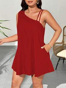 SHEIN Clasi Women's Elegant Red Summer Satin Party Dress,Casual Loose Fit One Shoulder Solid Color Vacation Dress,Suitable For Commuting And Leisure - Red - View 3