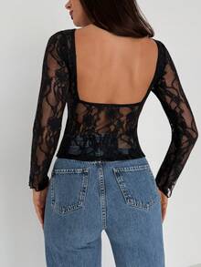 Aloruh Women's Backless Lace Patchwork Sexy Fashion T-Shirt - Black - View 1