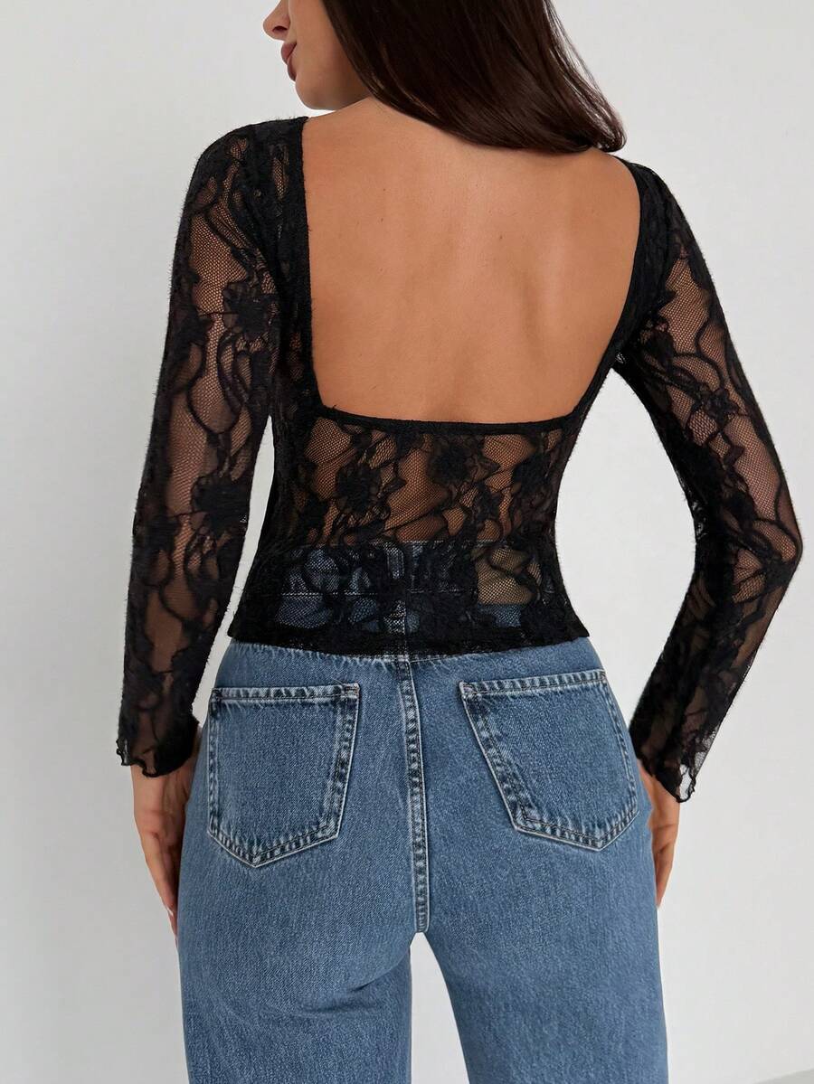 Aloruh Women's Backless Lace Patchwork Sexy Fashion T-Shirt - Black - View 1