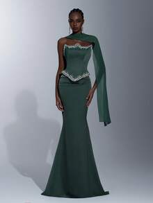 Elitara Elegant Luxurious Rhinestone Embellished Sexy Bandeau Patchwork Elastic Satin Ruched Dress With Halter, Suitable For Weddings, Events, Parties, Vacations, Galas, Formal Occasions - Army Green - View 2