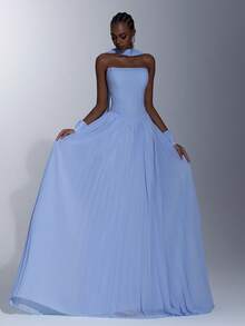 Elitara 优雅、奢华、性感的无肩带荷叶边雪纺连衣裙，喇叭袖设计，适合婚礼、活动、派对、度假、晚宴、正式场合。 - 藍色 - 查看 11