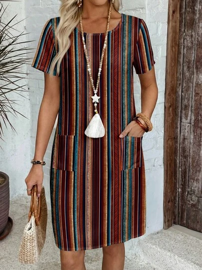EMERY ROSE Women's Retro Striped Round Neck Short Sleeve Straight Casual Dress With Pockets,Summer Dress, Beach Dresses,Summer Holiday Outfits ,Holiday Outfits For Women