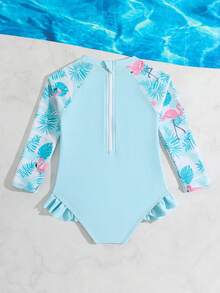 Traje de baño de una pieza para bebé niña, con estampado de animales lindos y diseño floral, de manga larga con protección solar, adecuado para nadar, verano y vacaciones - Multicolor - Ver 3