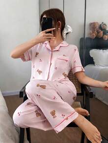 Napfluff Bubble Wrinkle Teddy Bear & Cherry Print Short Sleeve Pajama Set - Pink - View 4